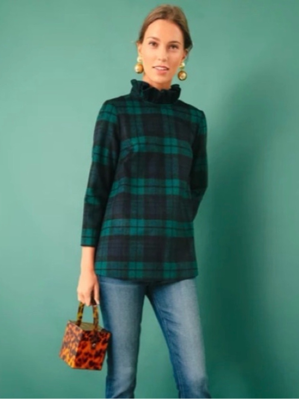 Tuckernuck Black and Green Plaid Ruffle Mock-Neck Tunic - Picture 2 of 8